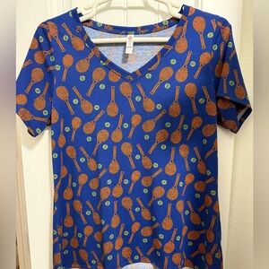 LuLaRoe V-Neck Sports Tennis Racket Print Blue Orange Green XL